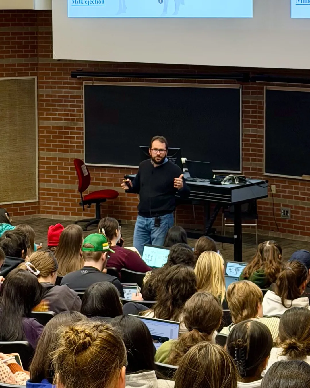 Dr. Ribeiro standing at the front of a classroom, gesturing with his hands during a presentation. Students are seen from behind, sitting in tiered seating with their laptops open. A projection screen above shows a diagram of a cow and the text "Milk ejection".