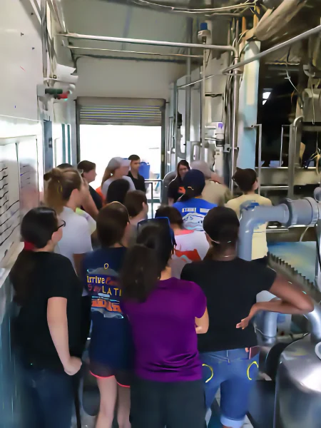 A group of university students stands in a specialized dairy processing facility, observing an instructor during a practical demonstration of industrial milking equipment and pipes.
