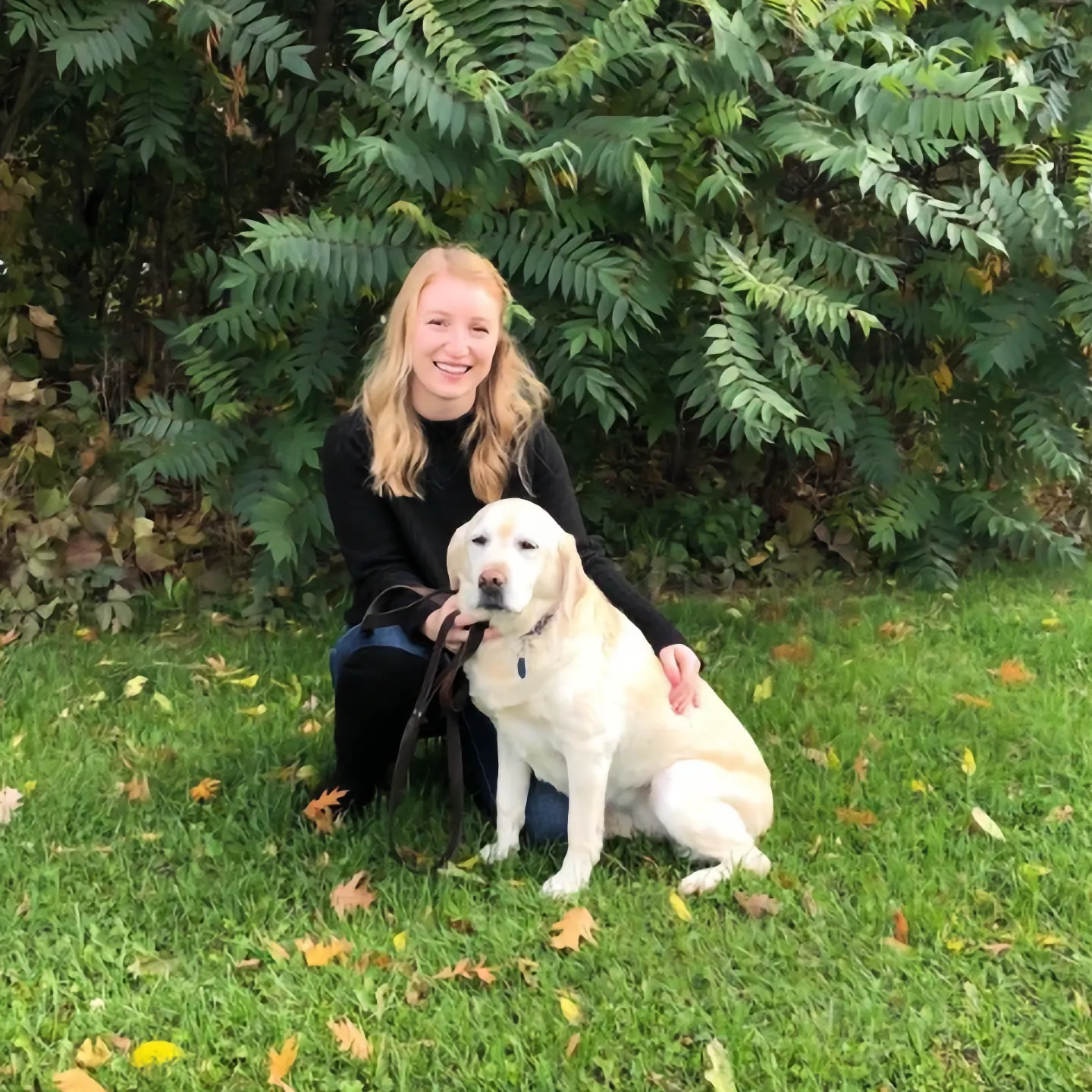 Members A smiling female researcher crouching on a grassy lawn next to a yellow Labrador Retriever, with a backdrop of green leafy bushes and fallen autumn leaves.