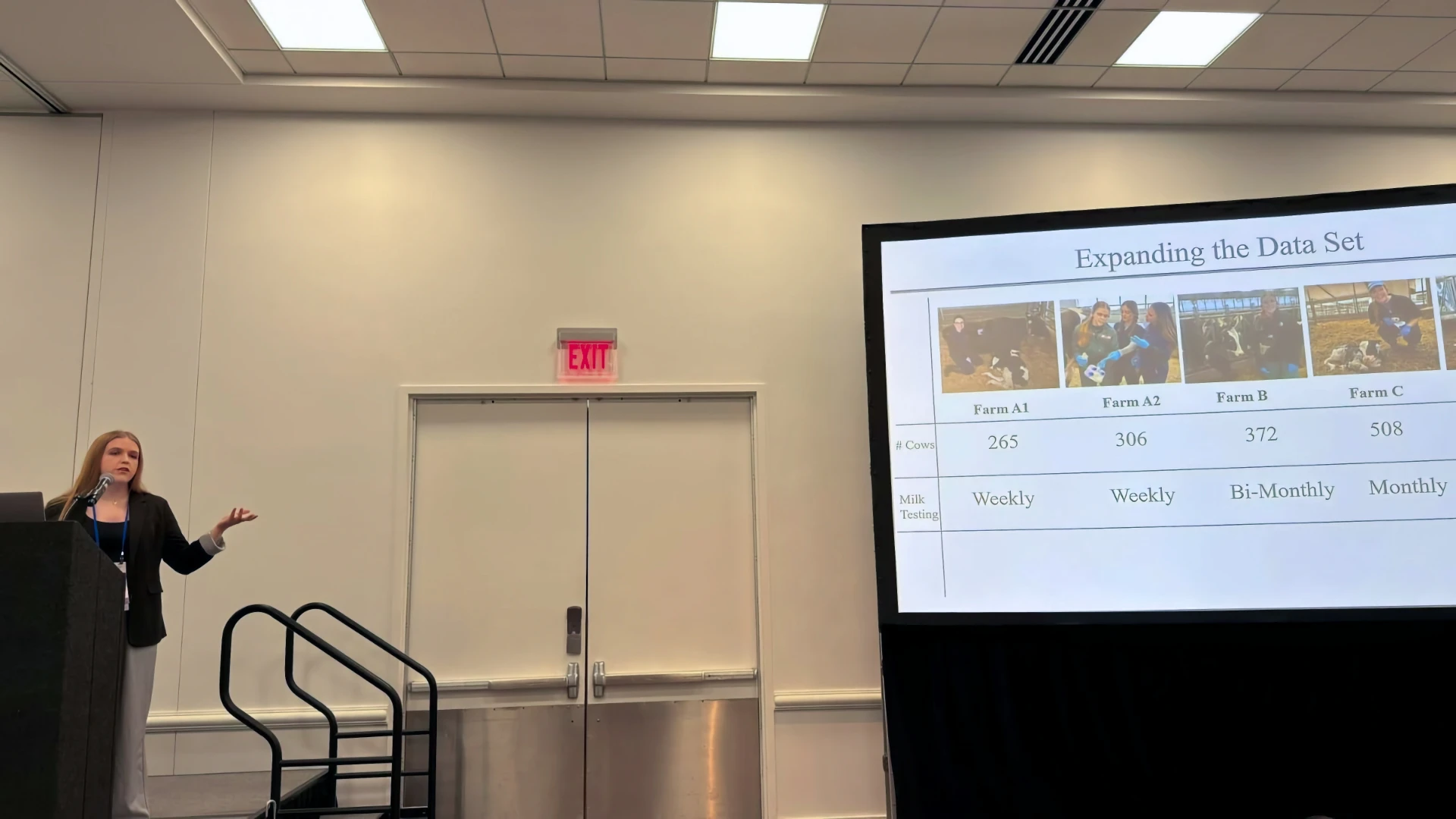 Ribeiro Lab at ADSA 2026 Wrap-Up A female researcher giving an oral presentation next to a large projection screen titled 'Expanding the Data Set'. The screen displays a data table detailing cow numbers and milk testing frequencies across four different farms (Farm A1, Farm A2, Farm B, and Farm C), accompanied by small reference photographs.