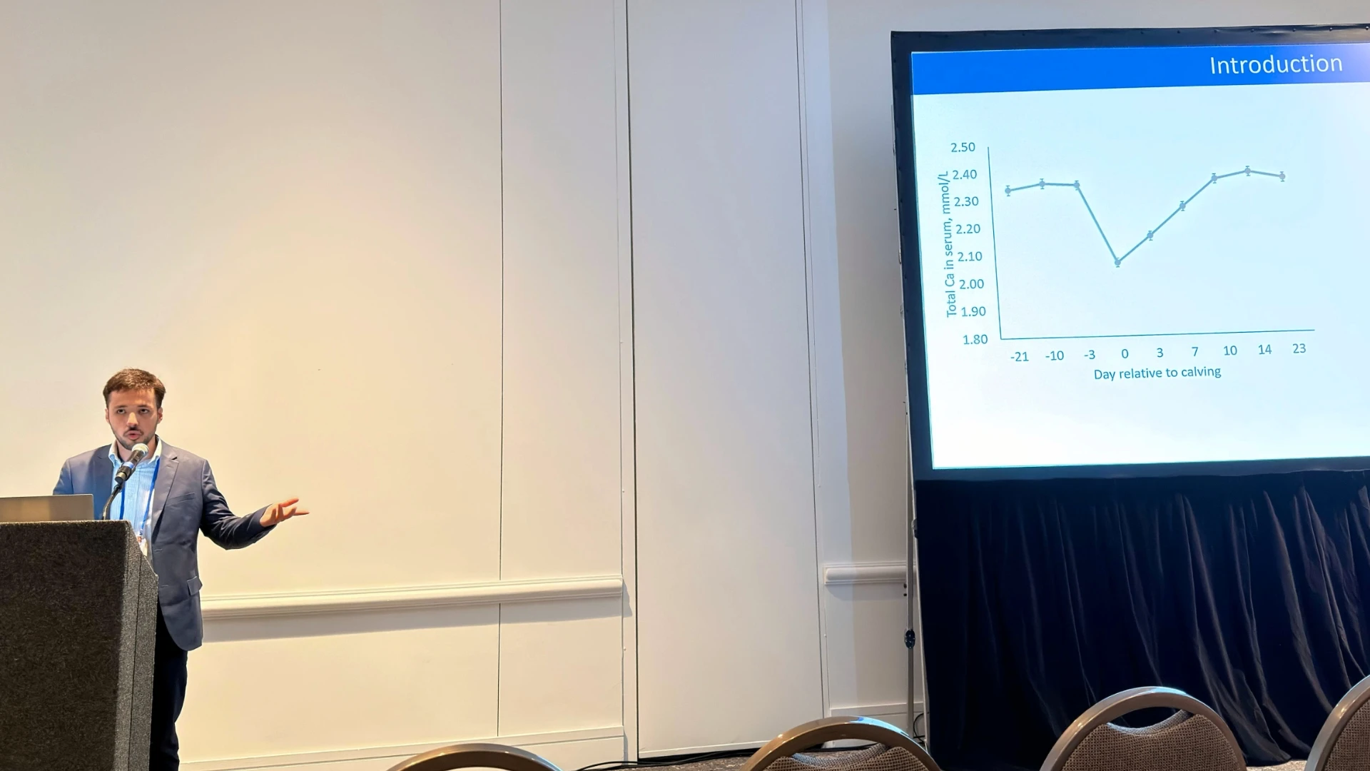 Ribeiro Lab at ADSA 2026 Wrap-Up A male researcher in a blue suit gesturing with his hand while speaking at a presentation podium. The large screen behind him shows an 'Introduction' slide featuring a scientific line graph that tracks 'Total Ca in serum, mmol/L' across a timeline of days relative to calving.
